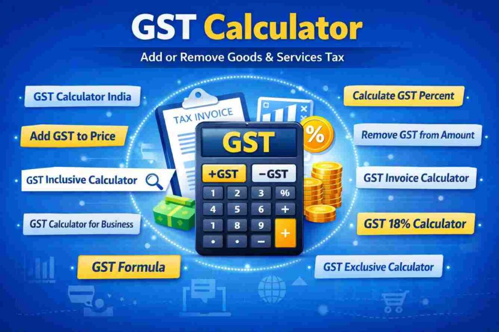 GST calculator infographic showing how to add or remove goods and services tax with formula and examples