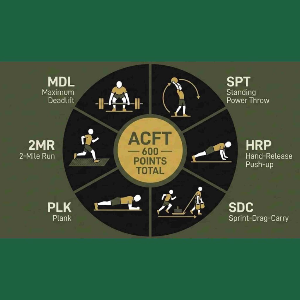 A professional vector infographic titled "ACFT — 600 Points Total" centered in a gold circle. The image is divided into six radial segments on a dark background, each featuring a stylized athlete icon in gold and white performing an event:Top Left: MDL (Maximum Deadlift) showing a figure with a barbell.Top Right: SPT (Standing Power Throw) showing a figure throwing a ball overhead.Middle Right: HRP (Hand-Release Push-up) showing a figure in a low push-up stance.Bottom Right: SDC (Sprint-Drag-Carry) showing a figure pulling a sled and carrying weights.Bottom Left: PLK (Plank) showing a figure in a core-hold position.Middle Left: 2MR (2-Mile Run) showing a silhouette of a runner on a track.