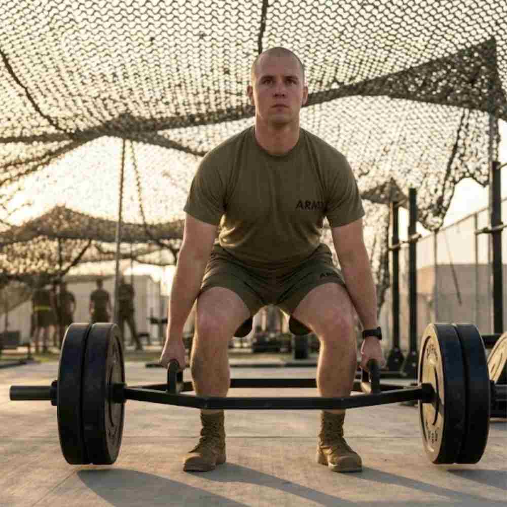A clean, modern flat-design infographic of the six Army Combat Fitness Test (ACFT) events on a dark olive-green background. Minimalist white and gold icons represent the Maximum Deadlift (MDL), Standing Power Throw (SPT), Hand-Release Push-up (HRP), Sprint-Drag-Carry (SDC), Plank (PLK), and 2-Mile Run (2MR). The icons are arranged in a circle around a central gold emblem reading "ACFT — 600 Points Total."
