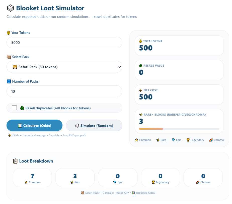 Blooket calculator tool showing pack odds, tokens, and loot simulation results