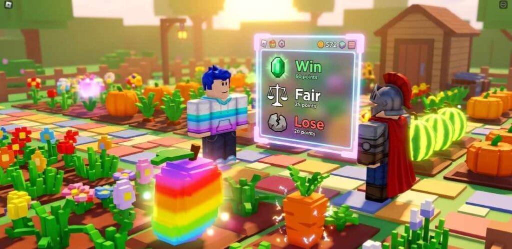 Two Roblox players facing each other with a glowing WFL trade window between them in a colorful Grow a Garden crop field