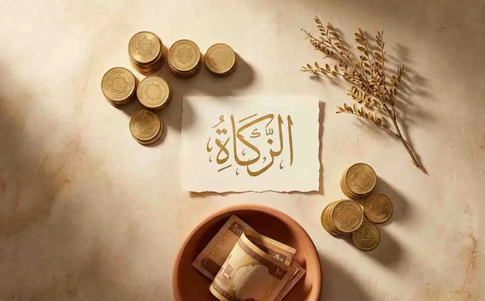 Modern Zakat editorial: gold calligraphy on parchment with stacked coins and a clay bowl of money.