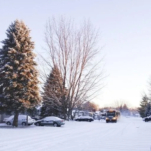 Snow-covered neighborhood street with parked cars and snowplow clearing winter road