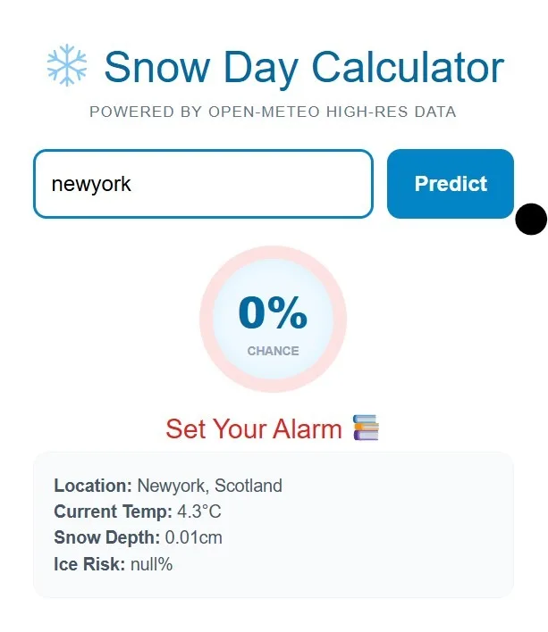 Snow Day Calculator tool with city input field and weather-based prediction button